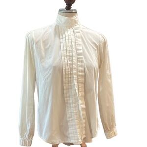 Vintage 90s pleated white blouse, button-down shirt 100% cotton women’s size 6